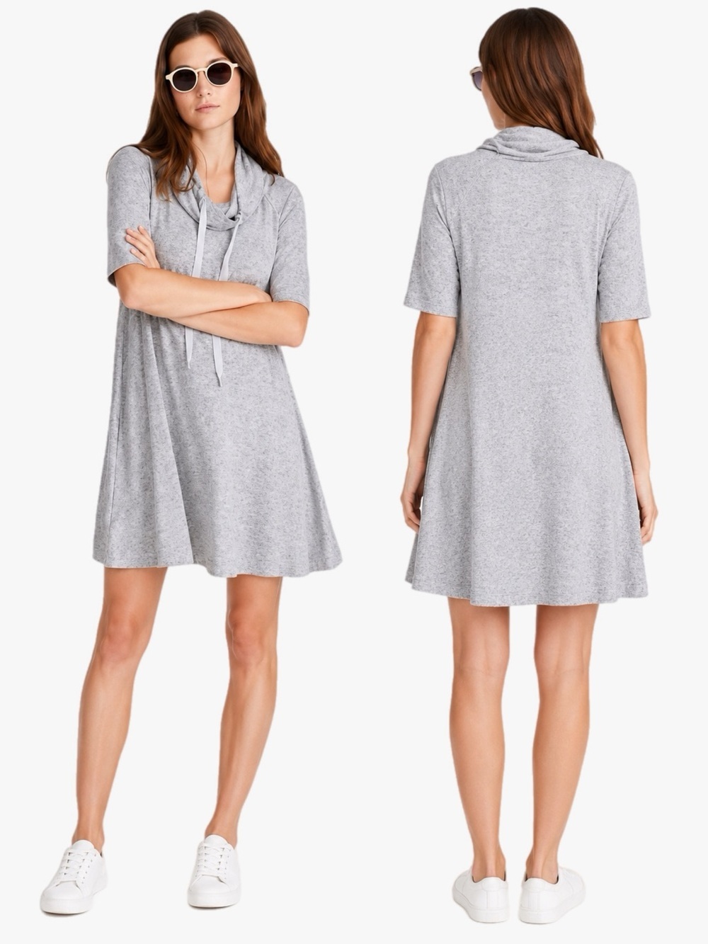 Lou & Grey Cowl Neck Drawstring Swing Dress Gray Marled Women’s Size Medium